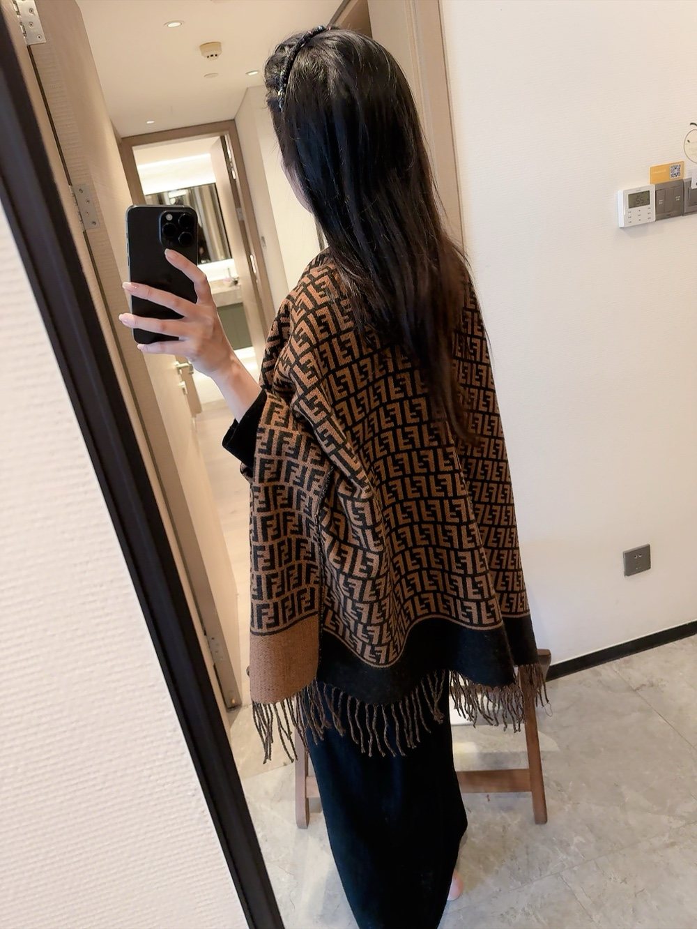 Fendi Brown and Black Fringed Cape